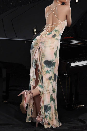 Różowa drukowana sukienka na ramiączka spaghetti syrena